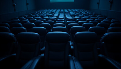Naklejka premium Rows of sleek black recliner seats in a grand cinema hall, illuminated softly by the glowing screen._00001_