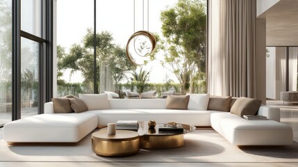 Modern Living Room Interior Design with White Sofa, Gold Coffee Table and Pendant Lights 3d animation
