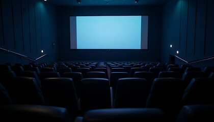 Rows of sleek black seats in a modern cinema, glowing screen casting soft light across the theater._00001_