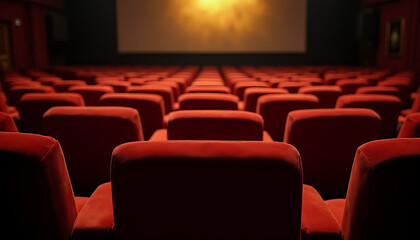 Obraz premium Rows of velvet seats in a grand vintage theater, with soft lighting from the glowing screen._00001_