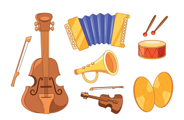 Collection Of Musical Instruments Including A Violin, Trumpet, Accordion, Drum, Cymbals, And Bow. Cartoon Vector Image