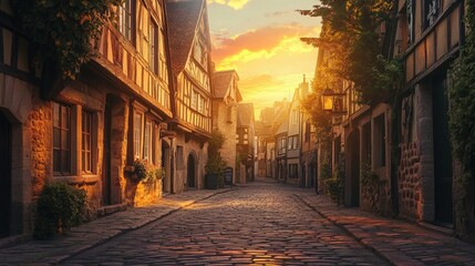 Obraz premium A historic cobblestone street bathed in the golden glow of sunset, with the sky painted in warm hues of orange and pink