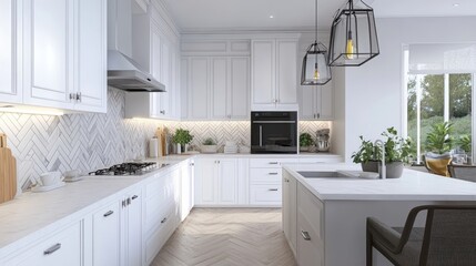 Modern Kitchen Interior Design with White Cabinets and Chevron Pattern 3d animation