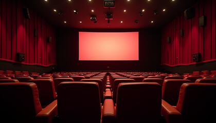 Obraz premium Spacious cinema hall with luxurious seats and a glowing screen, creating a serene ambiance._00001_