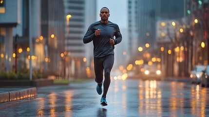 Determined Athlete Runs Through Wet City Streets at Night