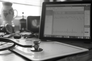 medical desk with stethoscope, table and medical examinations for health evaluation