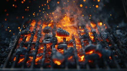 A hot charcoal grill with glowing embers and smoke, metal grates in focus, awaiting food to cook on a warm day