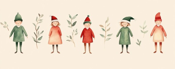 Whimsical watercolor elves in green and red outfits, surrounded by delicate leaves, showcasing festive holiday charm on a soft background.