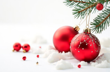 Obraz premium Red Christmas tree balls and fir branches on a white light background. Space for text. Postcard, illustration