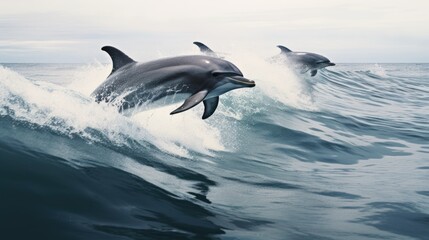 Fototapeta premium Two Dolphins Leap Over Waves
