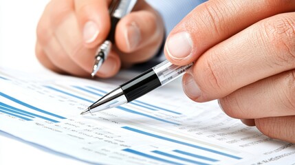 Close-up of a hand holding a pen, writing on a business report with data and graphs.