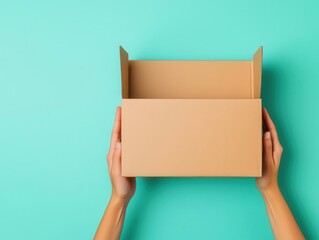 Large paper box being opened by hands, unboxing excitement concept