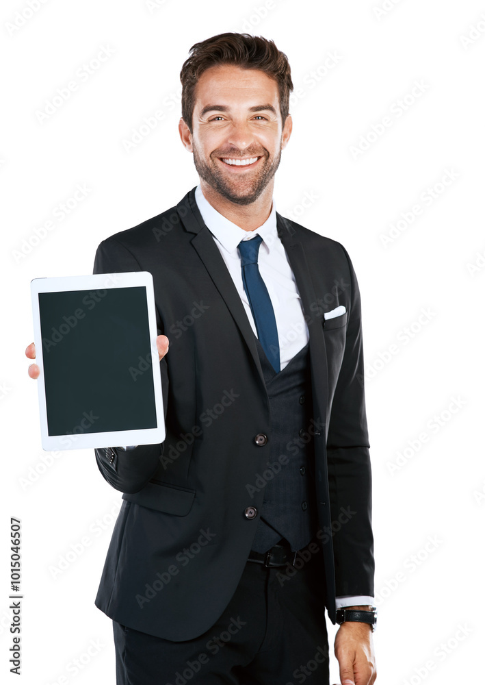 Poster tablet, studio and portrait of business man for internet, company website and contact us on white ba