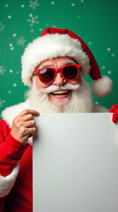 Fröhlicher Weihnachtsmann mit Sonnenbrille und leerem Schild