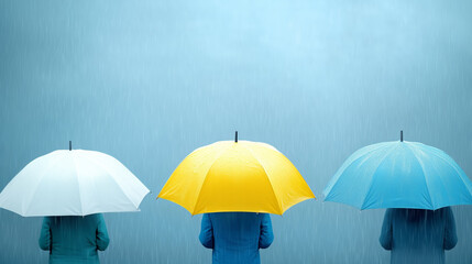 Three individuals with colorful umbrellas stand together in the rain against a blue backdrop