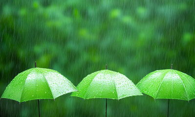 Rain-soaked green umbrellas standing under a heavy downpour in a lush, natural setting