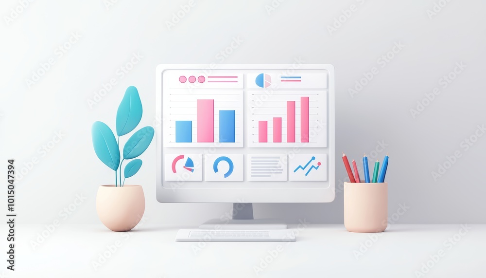 Poster modern workspace featuring a computer displaying colorful graphs and charts alongside plants and sta