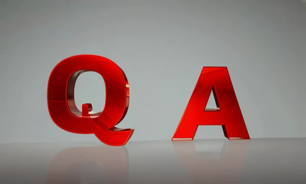 3D rendering of bold metallic red QA letters on white.