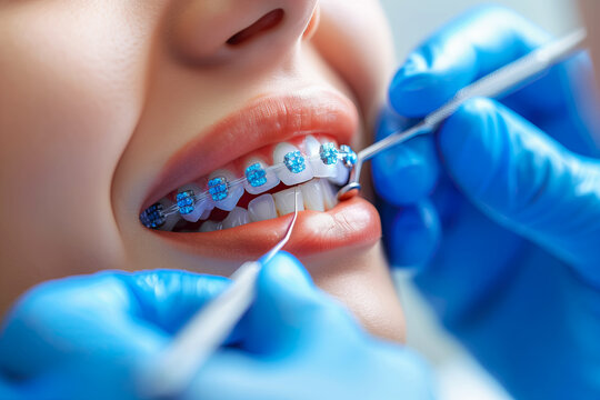 An orthodontist installs braces on a girl in a dental office close-up.