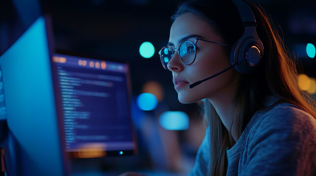 Customer support specialist resolving client inquiries using chat software in a modern tech office.