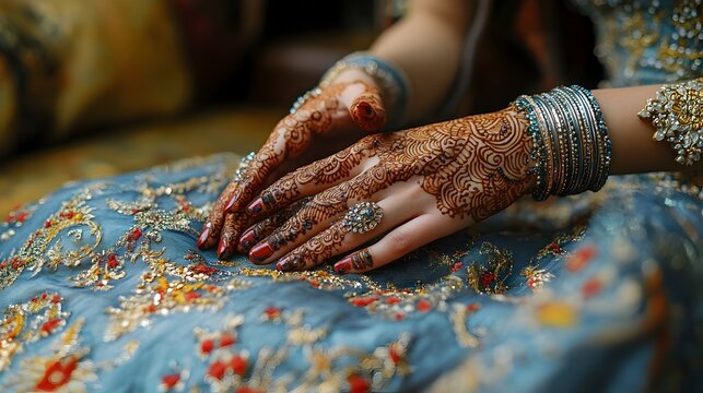 Close-up of a woman's hands adorned with intricate henna mehendi patterns,a traditional Indian
