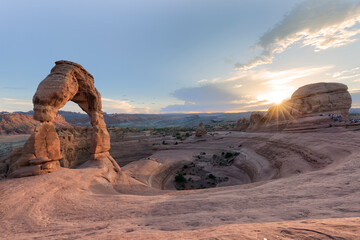 Delicate Arch - The most famous landmark of the Arches National Park in Utah in strong sunlight...