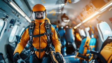 An adventure enthusiast eagerly preparing for a skydiving trip inside a private airplane, with gear neatly laid out, capturing the thrill and excitement of an adrenaline-filled journey in the sky.