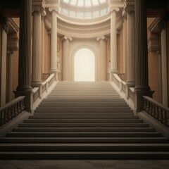 Fototapeta premium Interior marble stairs with pillars and columns in a palace, castle, or theater set against a white backdrop.