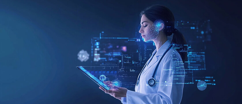 Doctor women with AI artificial intelligence in modern medical technology and IOT automation. Doctor using AI document management concept.