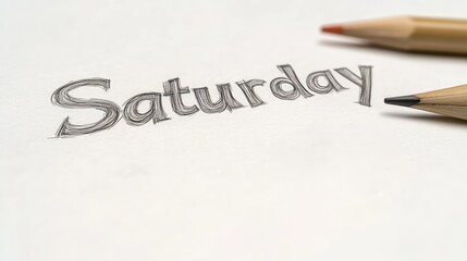 The word Saturday is artistically sketched with two colored pencils resting nearby