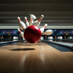 A bowling ball strike with falling pins is illustrated.