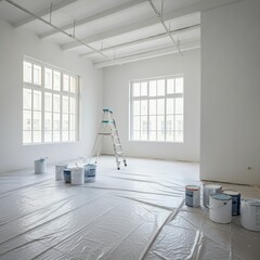 After renovations, clear out a room in your home or apartment. Interior with large windows, protective plastic on the floor, paint can, step ladder, and white, recently painted walls
