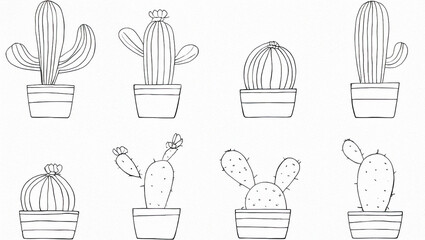 collection of hand-drawn cactus illustrations in pots on white background