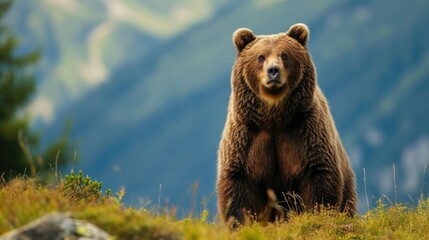 Fototapeta premium close-up of a bear in its natural habitat in autumn colors. backgrounds of amazing animals in their natural habitat