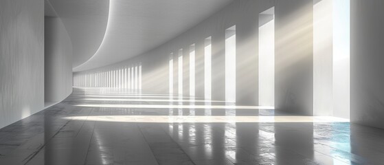 Obraz premium Futuristic room with soft blue curtains and flowing water, featuring smooth lines and a blurred backdrop of the sky, creating a calming, artistic winter scene