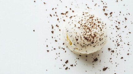 Obraz premium A creamy scoop of vanilla stracciatella ice cream with dark chocolate flakes, flat lay on white background, focusing on indulgent textures