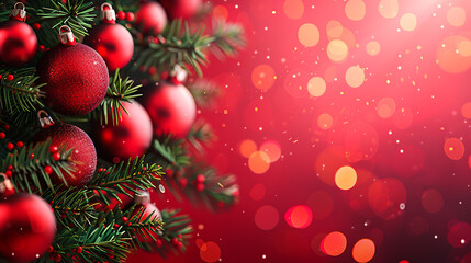 Christmas background with fir branches and red baubles on bokeh background