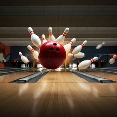 A bowling ball strike with falling pins is illustrated.