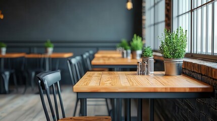 Fototapeta premium Industrial-chic restaurant with metal facade and large windows, trendy urban style