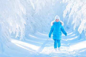 Smiling child in a bright blue winter coat walking through a snowy forest trail on a sunny day