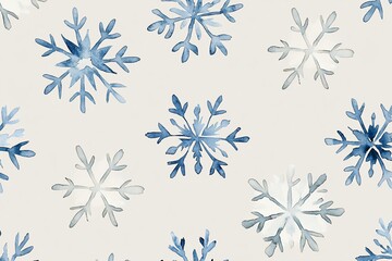 Seamless watercolor snowflake pattern in blue hues on a light background, perfect for winter-themed designs and seasonal projects.