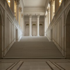 Fototapeta premium Interior marble stairs with pillars and columns in a palace, castle, or theater set against a white backdrop.