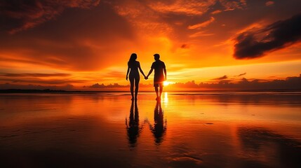Silhouetted Couple Sharing an Intimate Moment by the Serene Ocean at Sunset