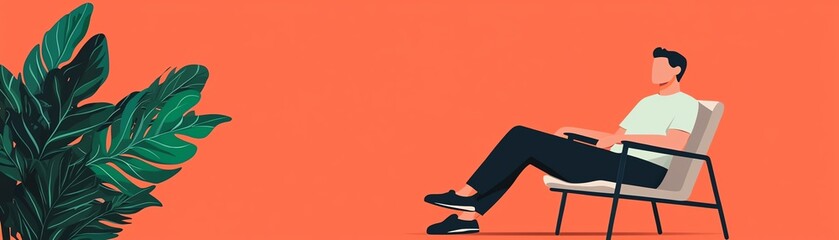 A relaxed man sitting in a modern chair, enjoying a peaceful moment surrounded by vibrant greenery and a bold orange background.
