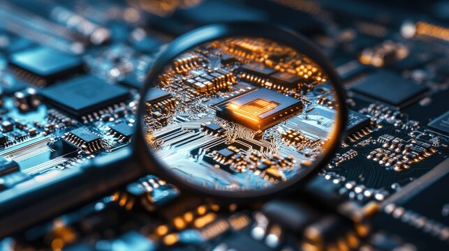 A magnifying glass focusing on the complex layout of a circuit board, highlighting its fine details.