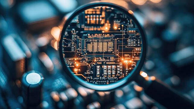 A magnifying glass focusing on the complex layout of a circuit board, highlighting its fine details.