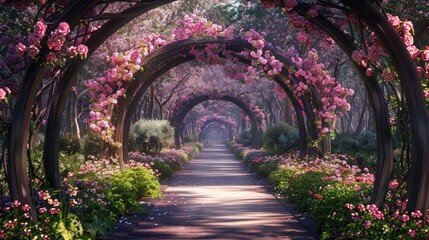 Fototapeta premium Explore the enchanting floral corridor a romantic tunnel of pink blossoms in spring s embrace