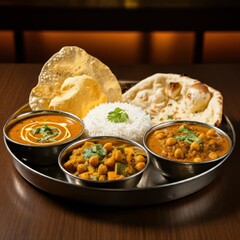 A typical Maharashtrian lunch box or tiffin filled with food Roti or Chapati, White Rice Potato Sabji, Simple Dal Tadka, and Pickles and Salad