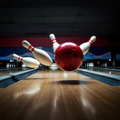 A bowling ball strike with falling pins is illustrated.