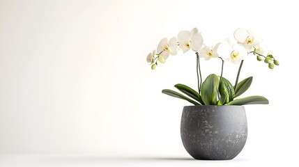 Elegant White Orchid Blooms in Gray Ceramic Vase on Plain Background